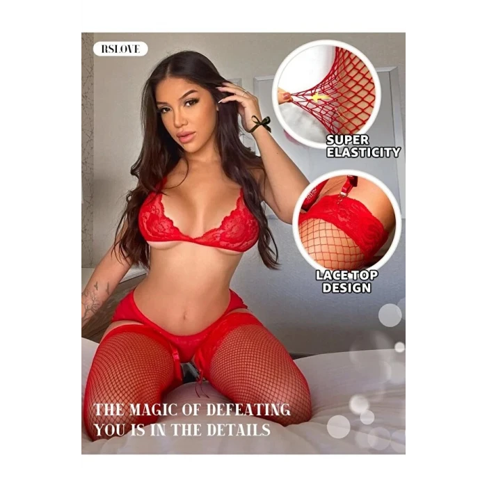 ieg™ Kadın Kırmızı File Silikonlu Jartiyer Çorabı