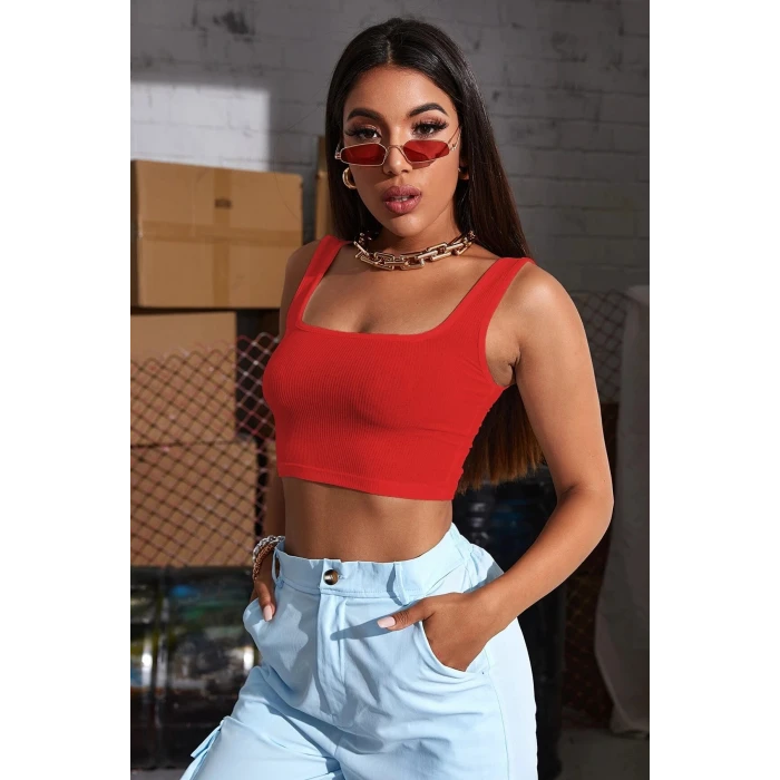 ieg™ Kadın Kırmızı Kalın Askılı Crop Top Büstiyer