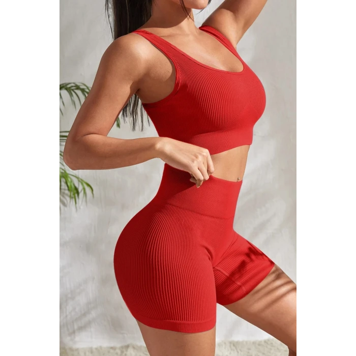 ieg™ Kadın Kırmızı Kalın Askılı Yüksek Bel Şortlu Gecelik Takımı