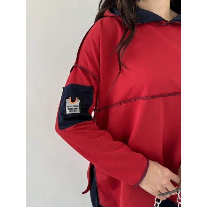 ieg™ Kadın Kırmızı Kapşonlu Etek Ucu Detay Arma Ters Dikiş Gorunumlu Ikili Takım