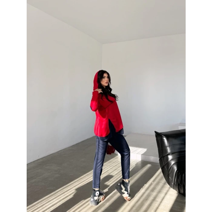 ieg™ Kadın Kırmızı Kapşonlu Etek Ucu Detay Arma Ters Dikiş Gorunumlu Ikili Takım