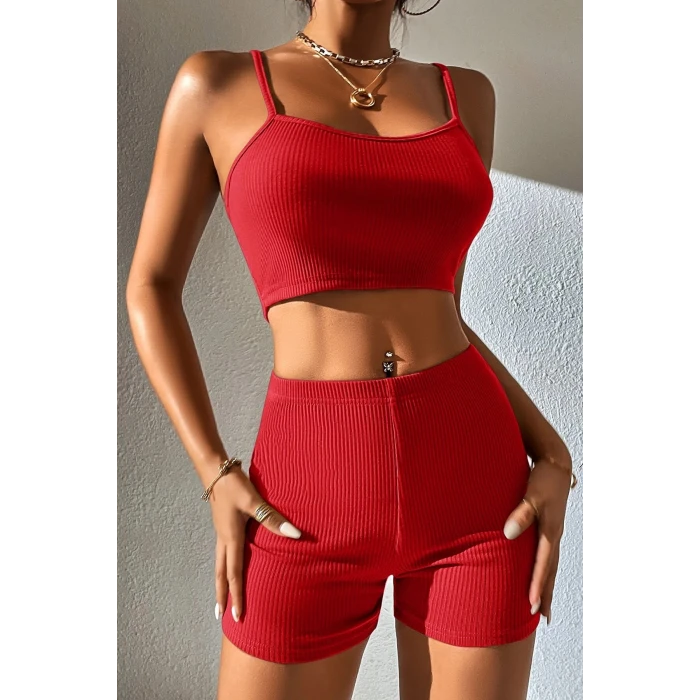 ieg™ Kadın Kırmızı Şortlu Kaşkorse Gecelik Takım