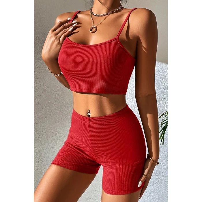 ieg™ Kadın Kırmızı Şortlu Kaşkorse Gecelik Takım