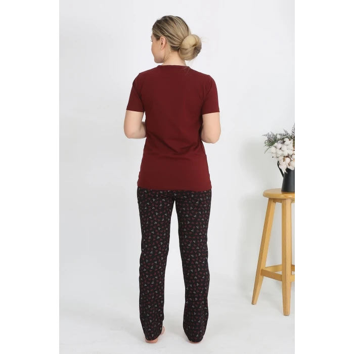 ieg ™ Kadın Kısa Kol Pamuk Penye Pijama Takım Bordo