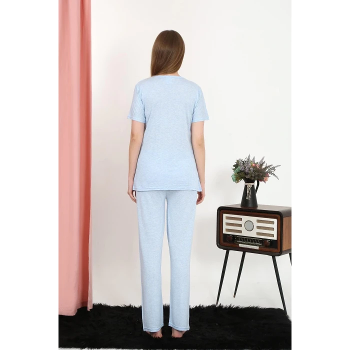 ieg ™ Kadın Kısa Kol Pamuk Penye Pijama Takım Mavi