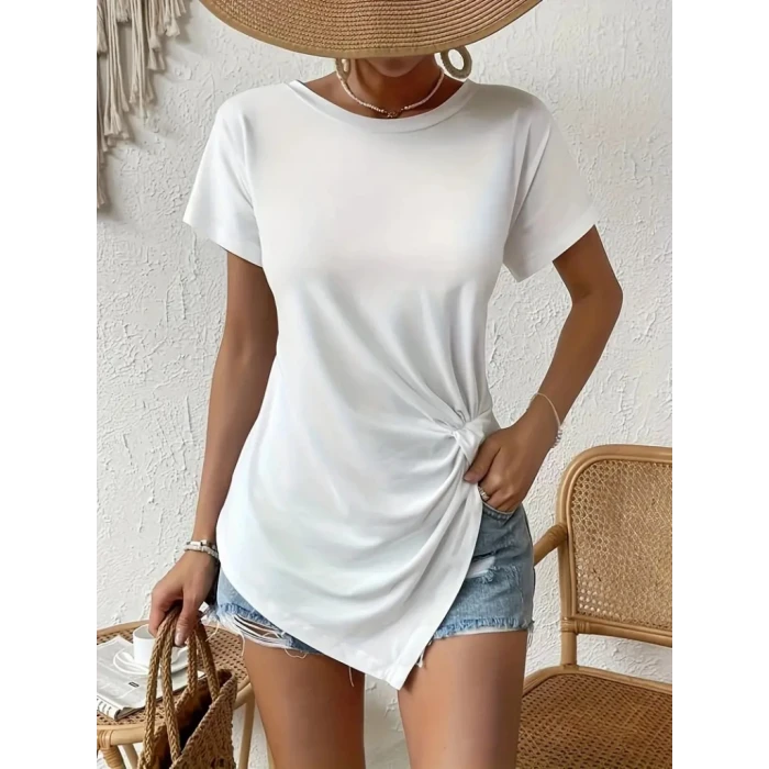 ieg™ Kadın Kısa Kollu Asimetrik Kesim Beli Büzgü Düğüm Detay Viskon Bluz