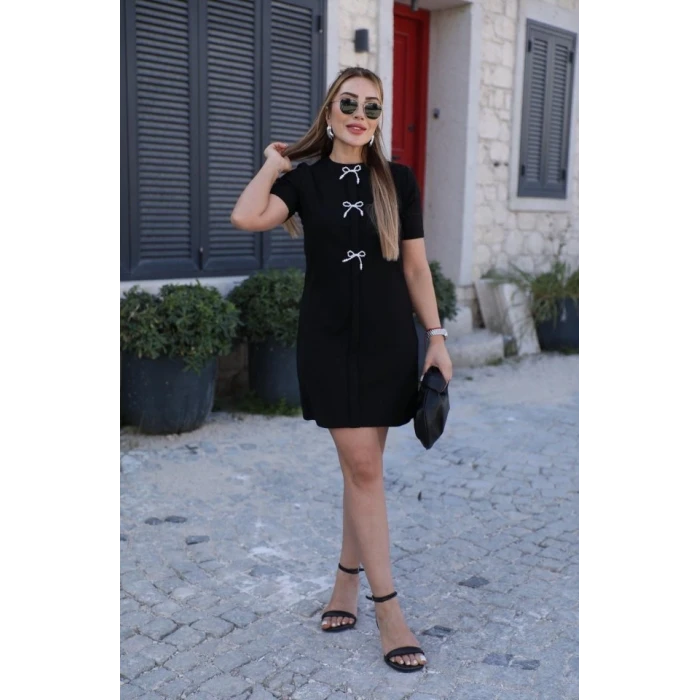 ieg™ Kadın Kısa Kollu Bisiklet Yaka önden Fiyonk Detaylı Ithal Krep Elbise