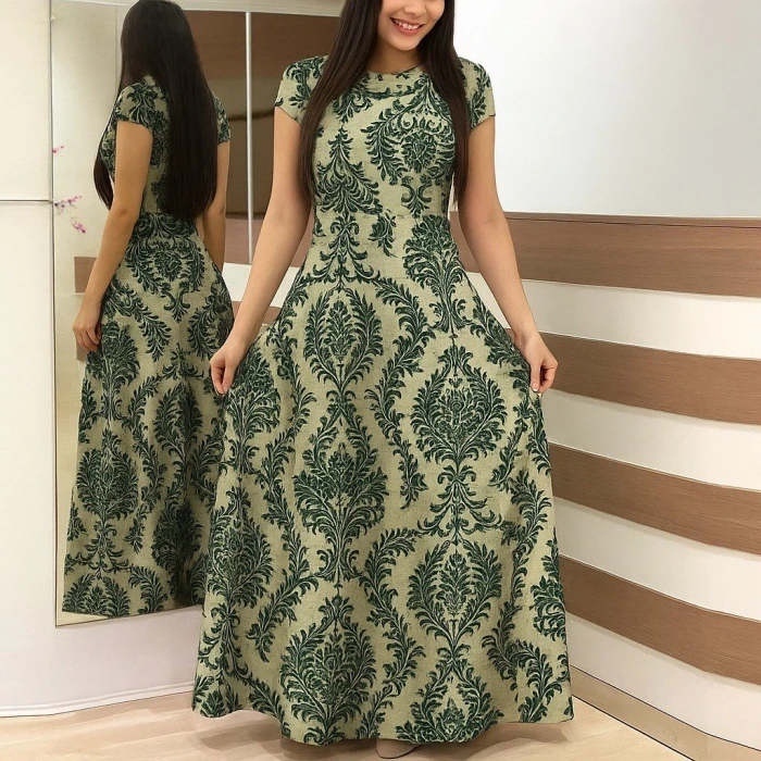 ieg™ Kadın Kısa Kollu Bisiklet Yaka Puantiyeli Maksi örme Krep Elbise