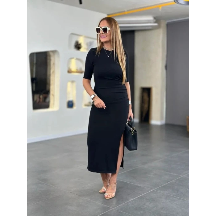 ieg™ Kadın Kısa Kollu Bisiklet Yaka Yandan Yırtmaçlı Viskon Iki Iplik Elbise