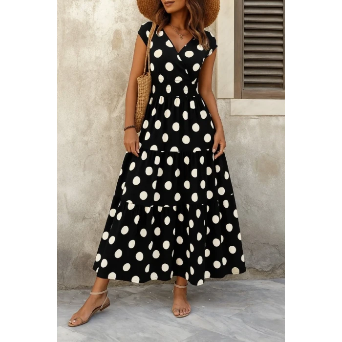 ieg™ Kadın Kısa Kollu Kruvaze Yaka Beli Lastikli Süprem Maksi Boy Elbise