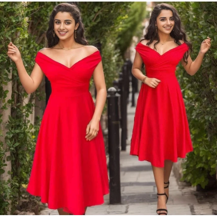 ieg™ Kadın Kısa Kollu Kruvaze Yaka Eteği Volanlı Krep Elbise