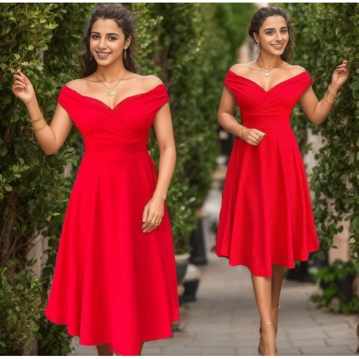 ieg™ Kadın Kısa Kollu Kruvaze Yaka Eteği Volanlı Krep Elbise