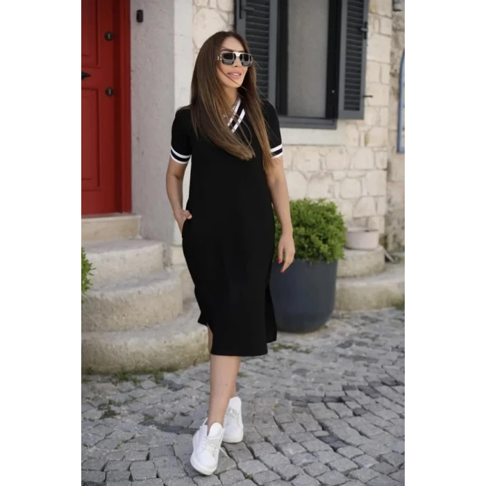ieg™ Kadın Kısa Kollu V Yaka Kol Ve Yaka Ribana Detay Midi Boy Viskon Elbise