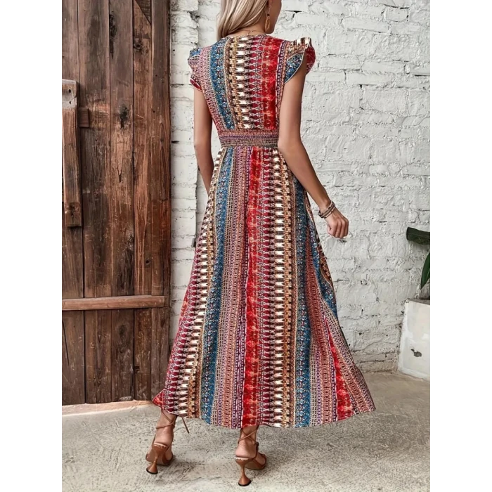 ieg™ Kadın Kısa Kollu V Yakalı Desenli Yandan Yırtmaçlı Süprem Elbise