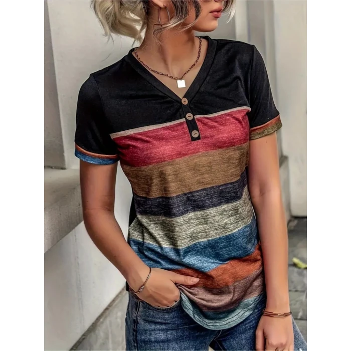 ieg™ Kadın Kısa Kollu V Yakalı Düğmeli çok Renkli Süprem Bluz