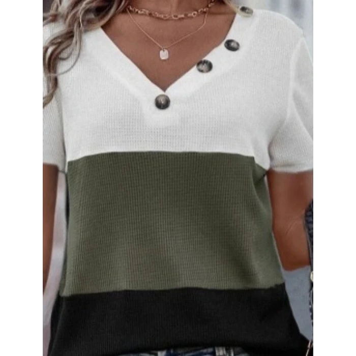 ieg™ Kadın Kısa Kollu V Yakalı Düğmeli Waffle Bluz