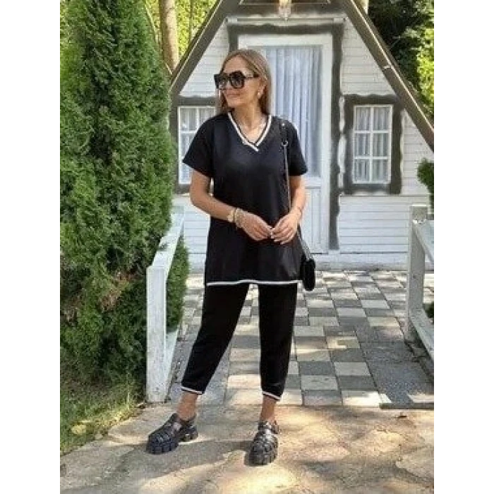 ieg™ Kadın Kısa Kollu V Yakalı Iki Iplik Bluz Ve Pantolon Ikili Takım