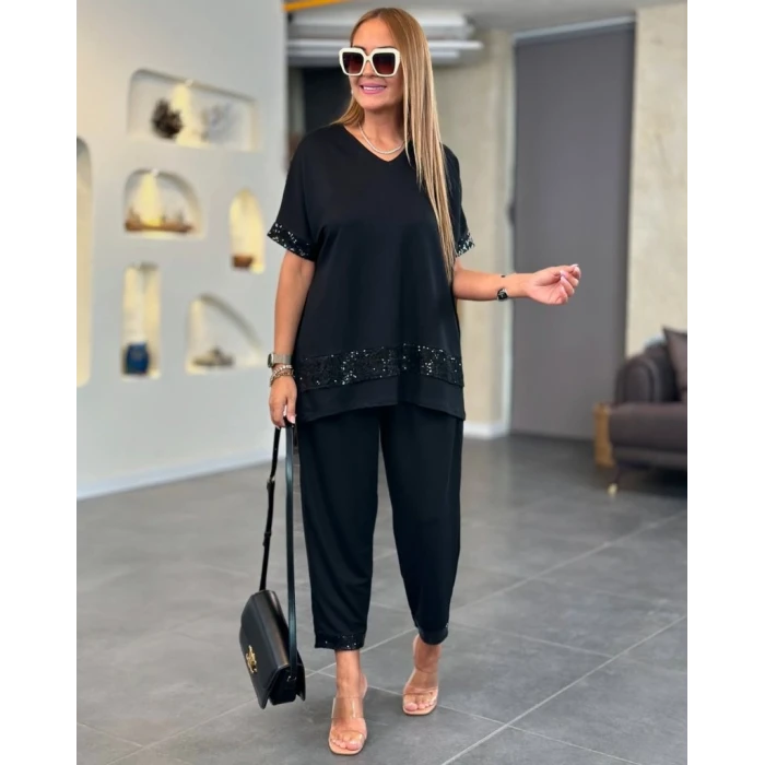 ieg™ Kadın Kısa Kollu V Yakalı Pul Payetli Viskon Iki Iplik Bluz Ve Pantolon Ikili Takım