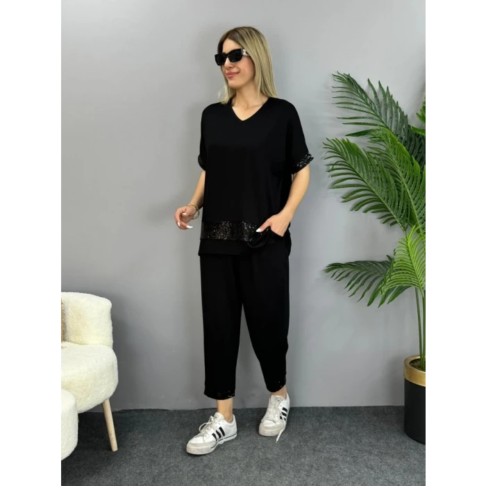 ieg™ Kadın Kısa Kollu V Yakalı Pul Payetli Viskon Iki Iplik Bluz Ve Pantolon Ikili Takım