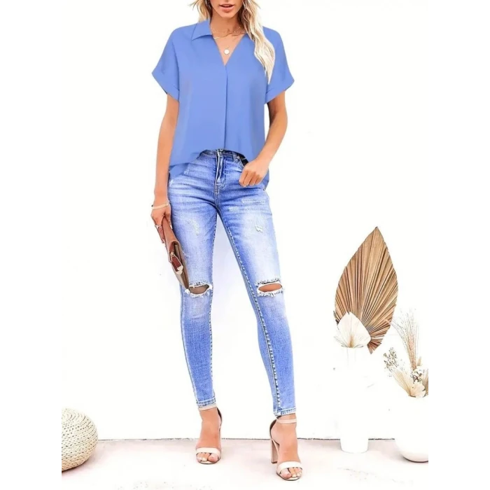 ieg™ Kadın Kısa Kollu Yakalı Uzun Sandy Bluz