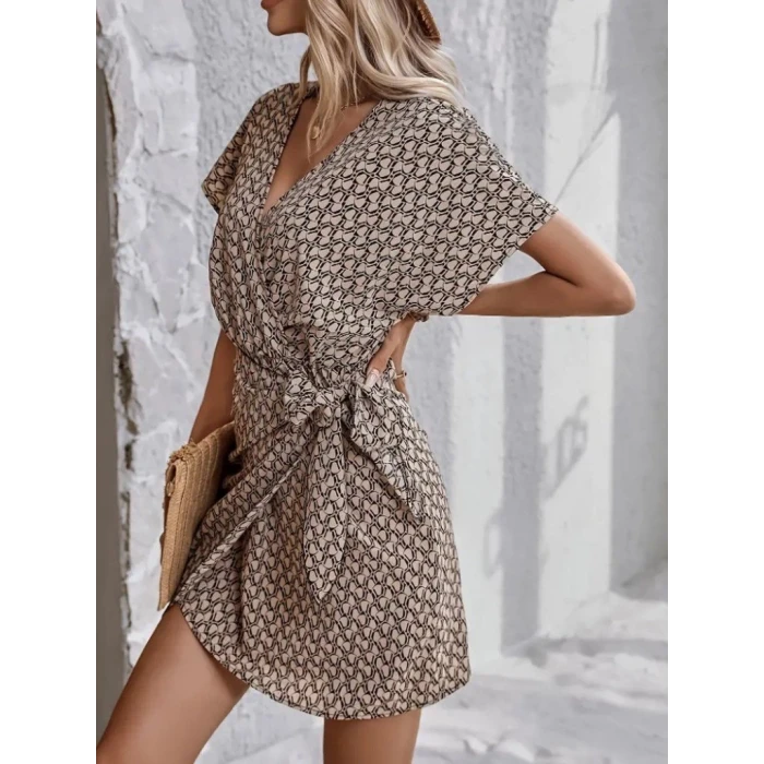 ieg™ Kadın Kısa Yarasa Kollu önden Kruvaze Yaka Detaylı önden Bağlamalı Desenli Süprem Elbise