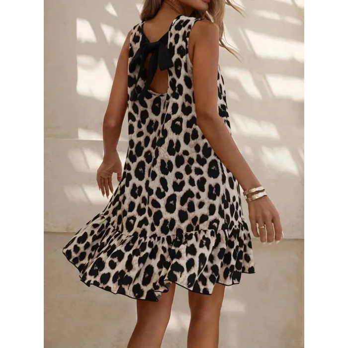 ieg™ Kadın Kolsuz Sırttan Bağlamalı Fırfırlı Leopar Desenli Süprem Elbise