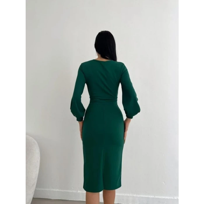 ieg™ Kadın Kruvaze Yaka Balon Kol Midi Boy Elbise