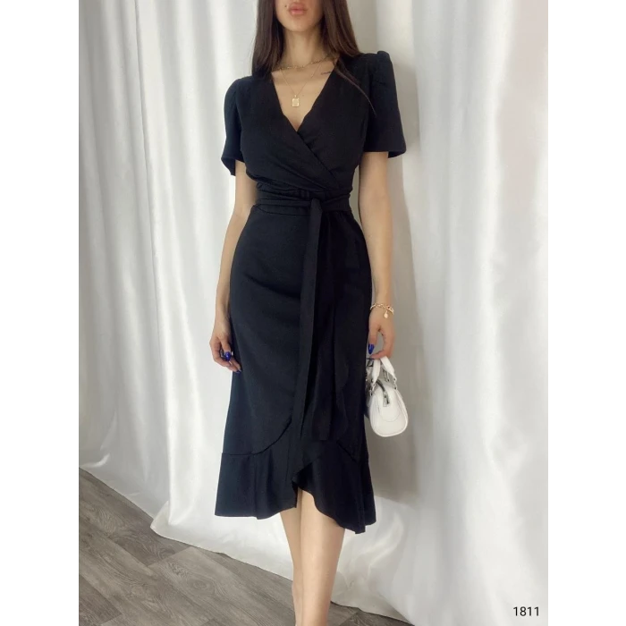 ieg™ Kadın Kruvaze Yaka Midi Boy Kuşaklı Krep Elbise 120 Cm