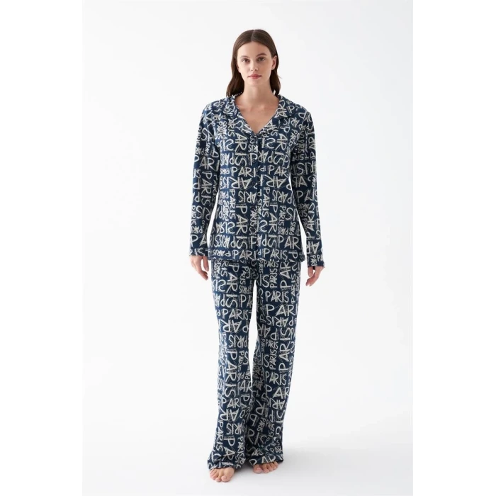 ieg ™ Kadın Lacivert “Paris” Yazı Desenli Düğmeli Pamuklu Pijama Takımı