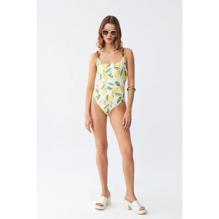 ieg ™ Kadın Limon Desenli Aksesuar Askılı Tek Parça Mayo – Ekru