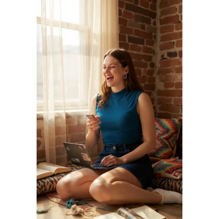 ieg™ Kadın Mavi Kolsuz Balıkçı Yaka Basic Bluz