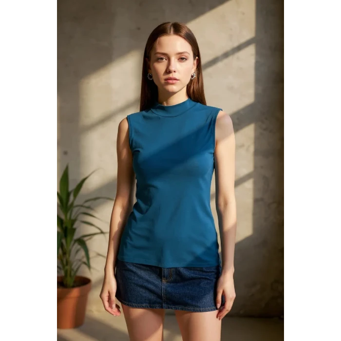 ieg™ Kadın Mavi Kolsuz Balıkçı Yaka Basic Bluz