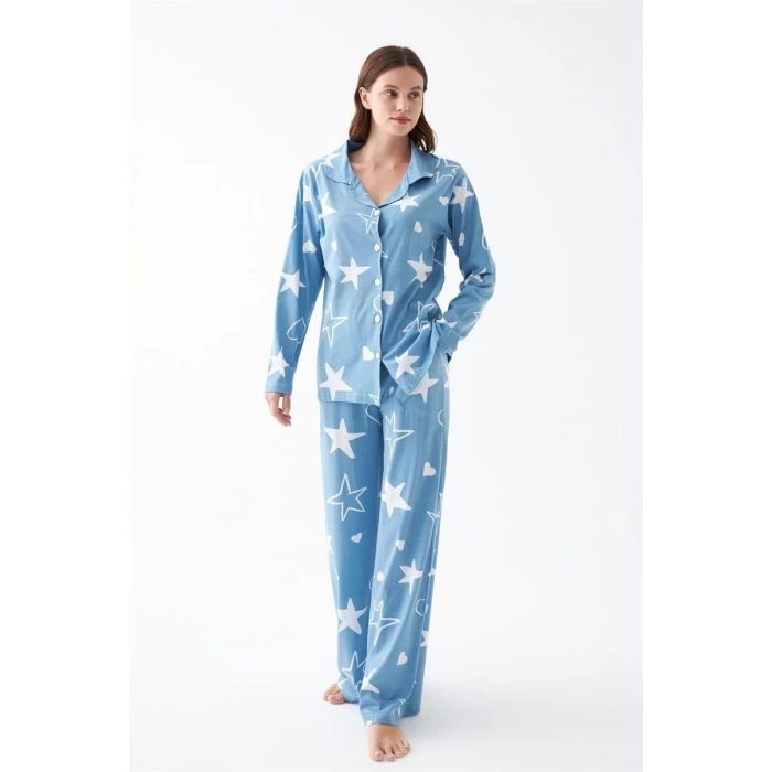 ieg ™ Kadın Mavi Yıldız Desenli Düğmeli Pamuklu Pijama Takımı