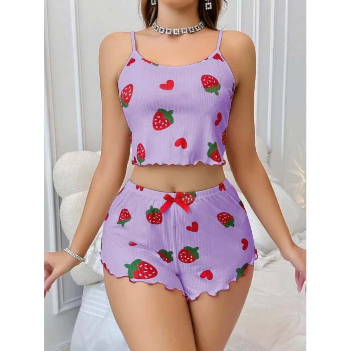 ieg™ Kadın Mor Çilek desenli Şortlu Pijama Takımı 5061