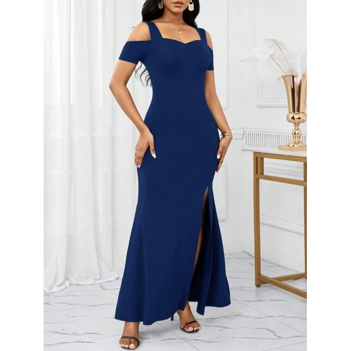 ieg™ Kadın Omuzlardan Açık Askılı Yırtmaç Detaylı Uzun Ithal Krep Elbise