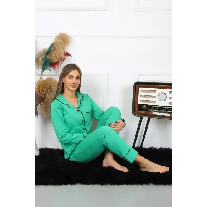 ieg ™ Kadın Pamuk Penye Önden Düğmeli Uzun Kol Yeşil Pijama Takım