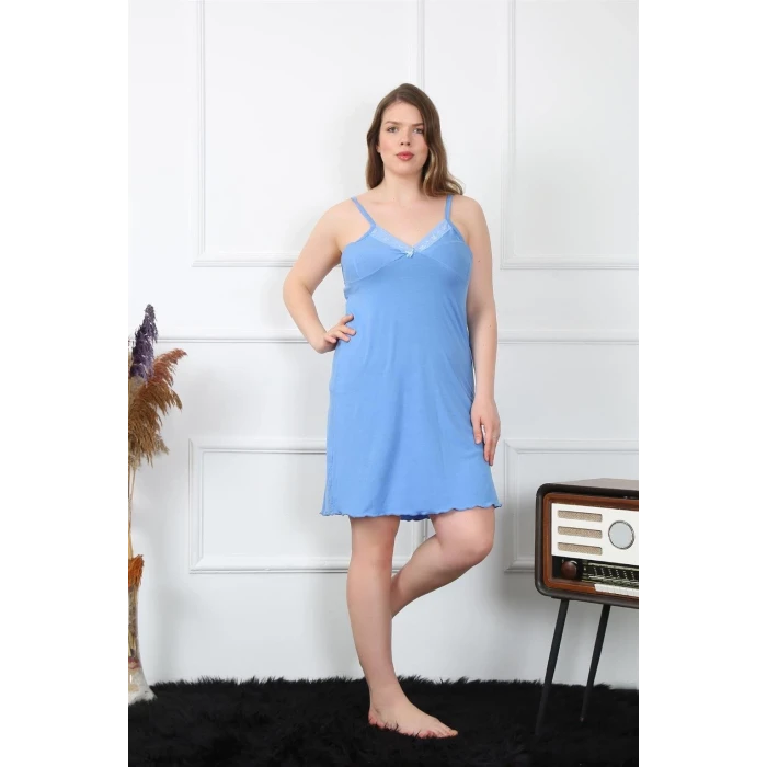 ieg ™ Kadın Pamuklu Mavi İp Askılı Büyük Beden Gecelik