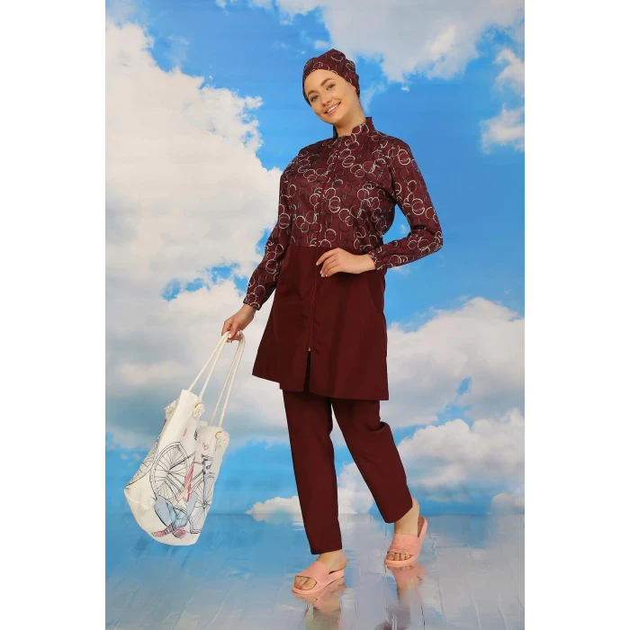 ieg ™ Kadın Pantolonlu Desenli Tam Tesettür Mayo Bordo