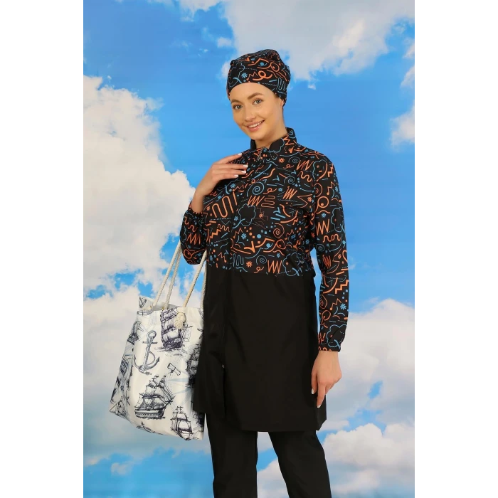 ieg ™ Kadın Pantolonlu Desenli Tam Tesettür Mayo Siyah