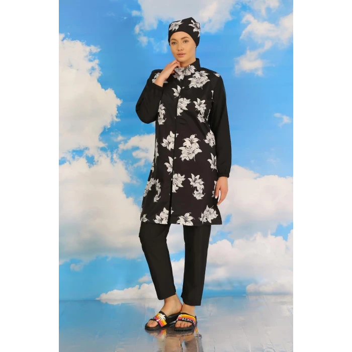 ieg ™ Kadın Pantolonlu Desenli Tam Tesettür Mayo Siyah