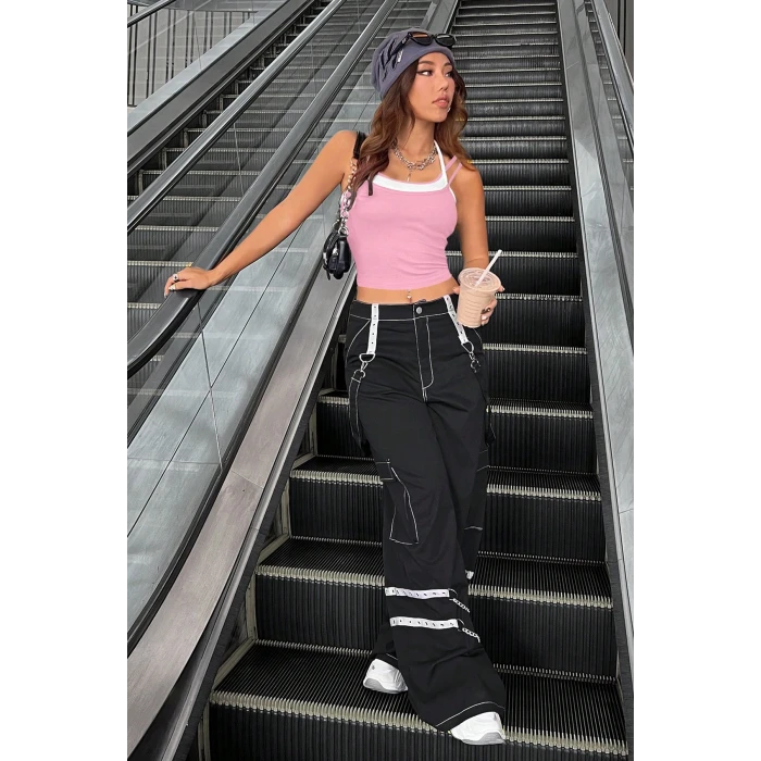 ieg™ Kadın Pembe Beyaz Çift Renk Çapraz Askılı Crop Top Bluz