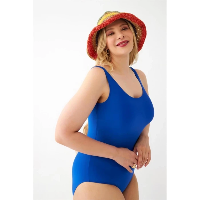 ieg ™ Kadın Saks Mavisi Büyük Beden Düz Tek Parça Mayo
