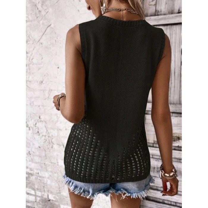 ieg™ Kadın Sıfır Kol Bisiklet Yaka Yanları Ajur Detay Triko Bluz