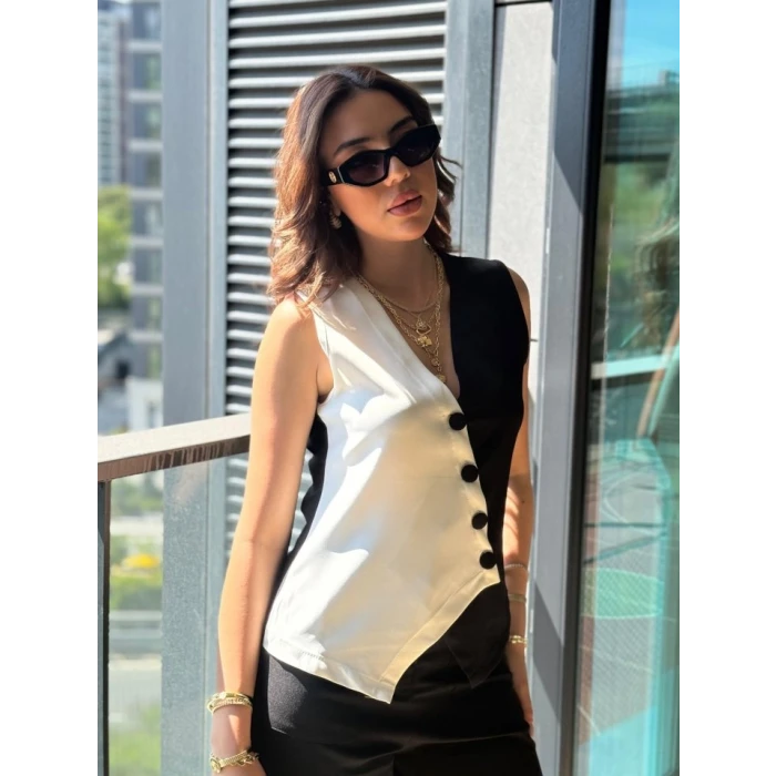 ieg™ Kadın Sıfır Kol V Yakalı Düğmeli Blok Renkli Atlas Yelek