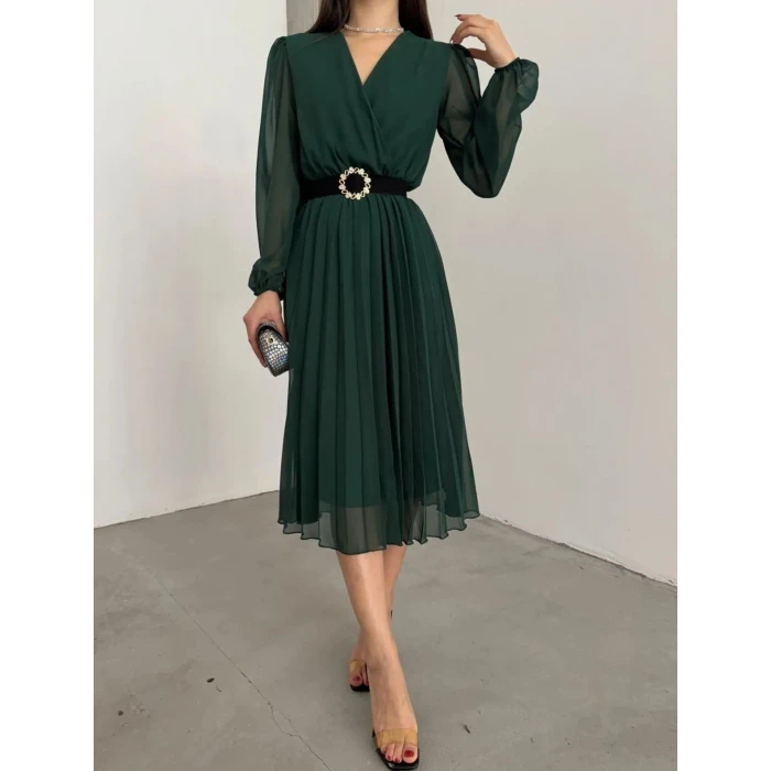 ieg™ Kadın şifon Kumaş Astalı Kloş Kesim Kruvaze Yaka Midi Boy Elbise