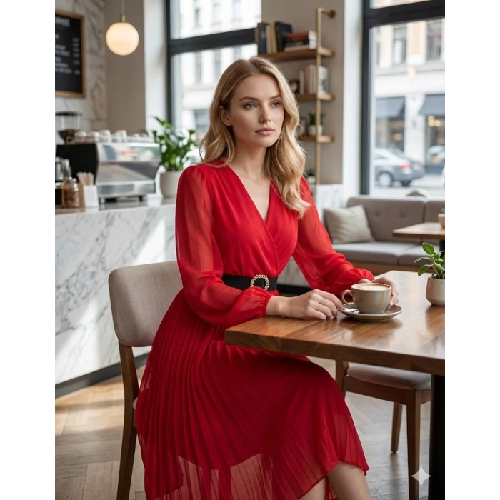 ieg™ Kadın şifon Kumaş Astalı Kloş Kesim Kruvaze Yaka Midi Boy Elbise