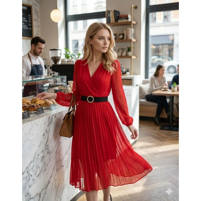 ieg™ Kadın şifon Kumaş Astalı Kloş Kesim Kruvaze Yaka Midi Boy Elbise