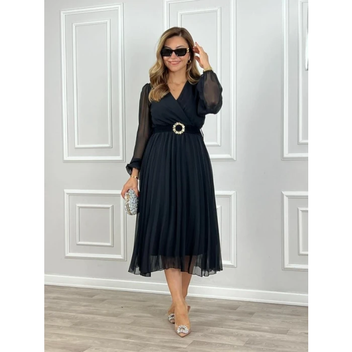 ieg™ Kadın şifon Kumaş Astalı Kloş Kesim Kruvaze Yaka Midi Boy Elbise