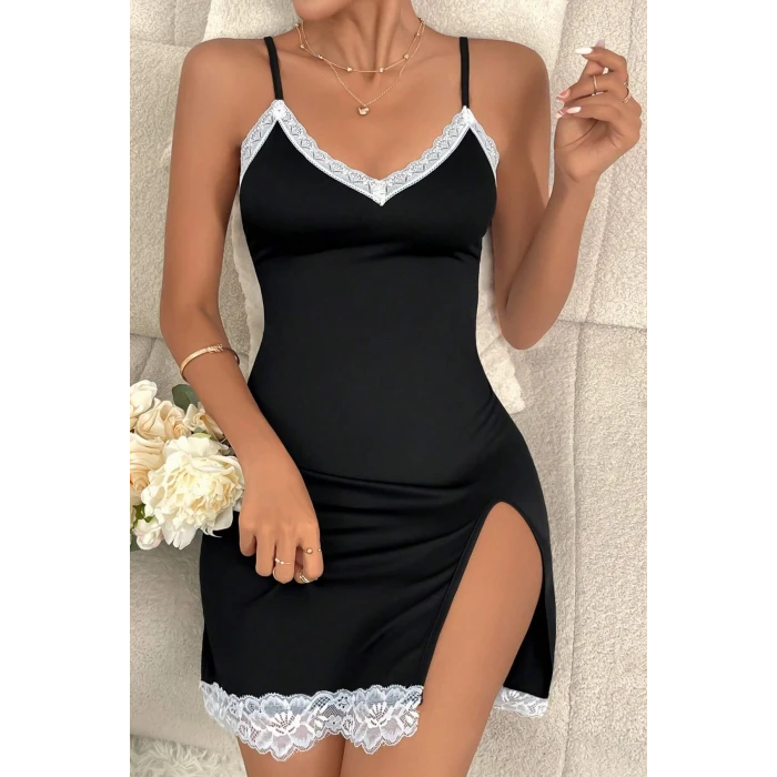 ieg™ Kadın Siyah Askılı Yırtmaçlı Beyaz Dantelli Gecelik