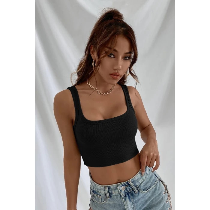 ieg™ Kadın Siyah Kalın Askılı Crop Top Büstiyer